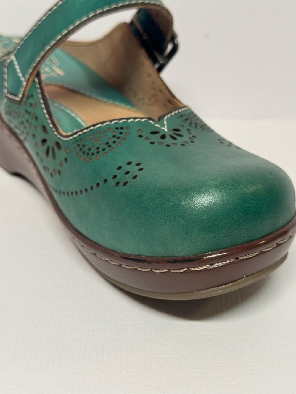 L’Artiste Aneira Green Leather Mary Jane Clogs EU 37 Boho Comfort Clogs - Picture 8 of 13